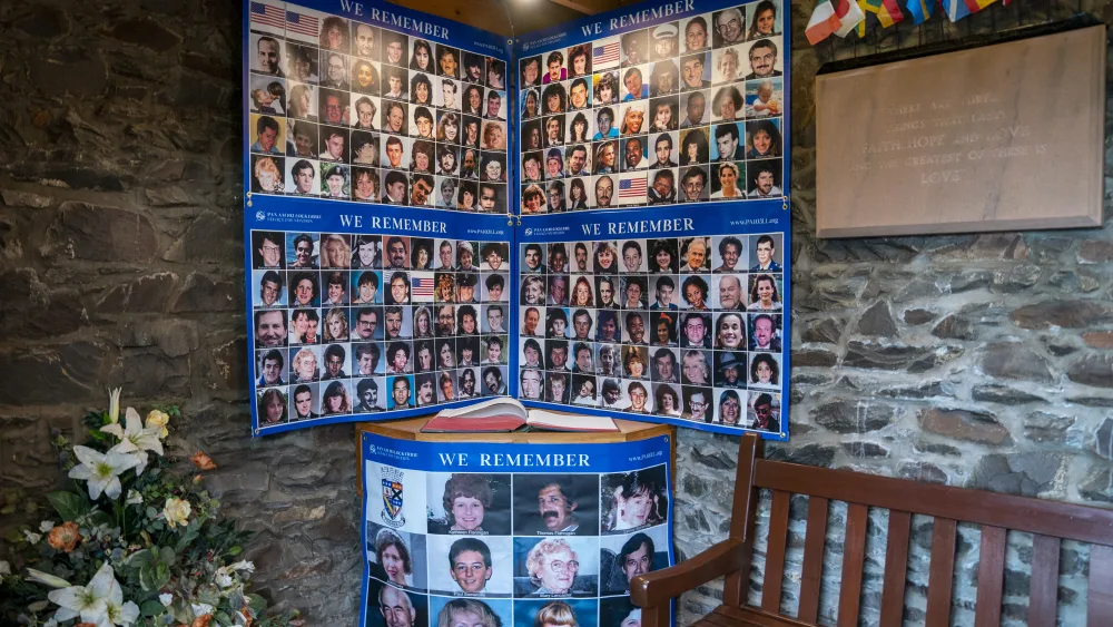 Portraits of some of the Pan Am 103 victims in the Remembrance Room in the grounds of Tundergarth Church