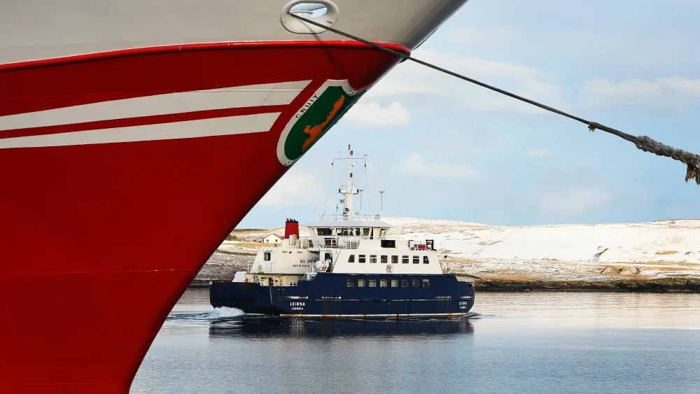 A view of the Bressay Ferry sailing from Lerwick to Bressay in Shetland