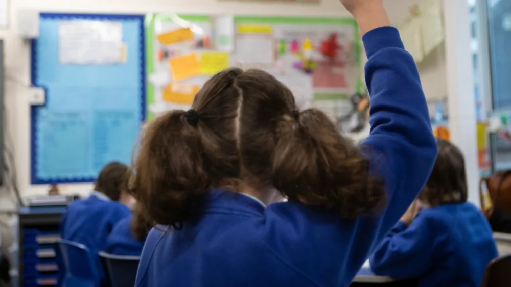 Stock image of a schoolchild in class with their hand raised seen from behind