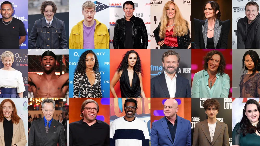A composite of the 21 celebrities who have been confirmed for the upcoming series of Celebrity Traitors. (top row, l to r) Amol Rajan, Bella Ramsey, James Acaster, James Blunt, Jerry Hall, Joanne McNally and Joe Lycett; (middle row, l to r) Julie Hesmondhalgh, King Kenny, Leigh-Anne Pinnock, Maya Jama, Michael Sheen, Miranda Hart, and Myha’la; (bottom row, l to r) Hannah Fry, Richard E Grant, Rob Beckett, Romesh Ranganathan, Ross Kemp, Sebastian Croft and Sharon Rooney