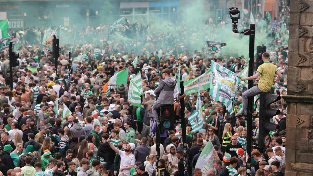 Celtic fans in Glasgow after the title win against Heart of Midlothian