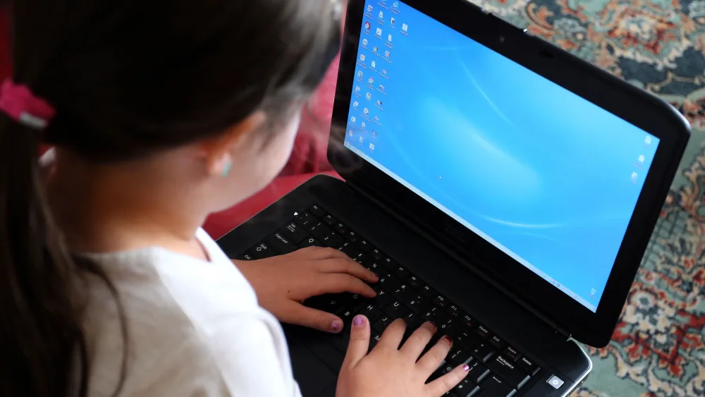 A young child using a laptop