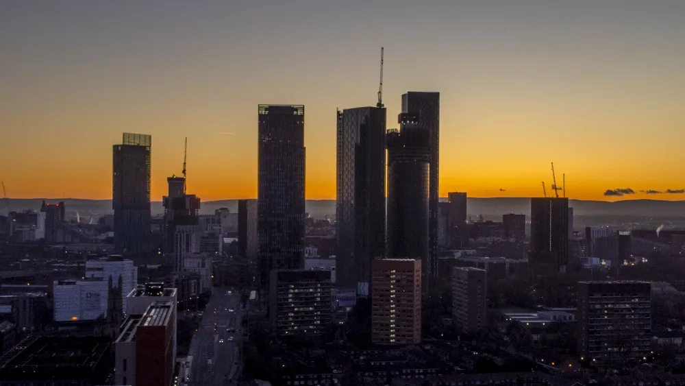 The Manchester skyline as the sun rises