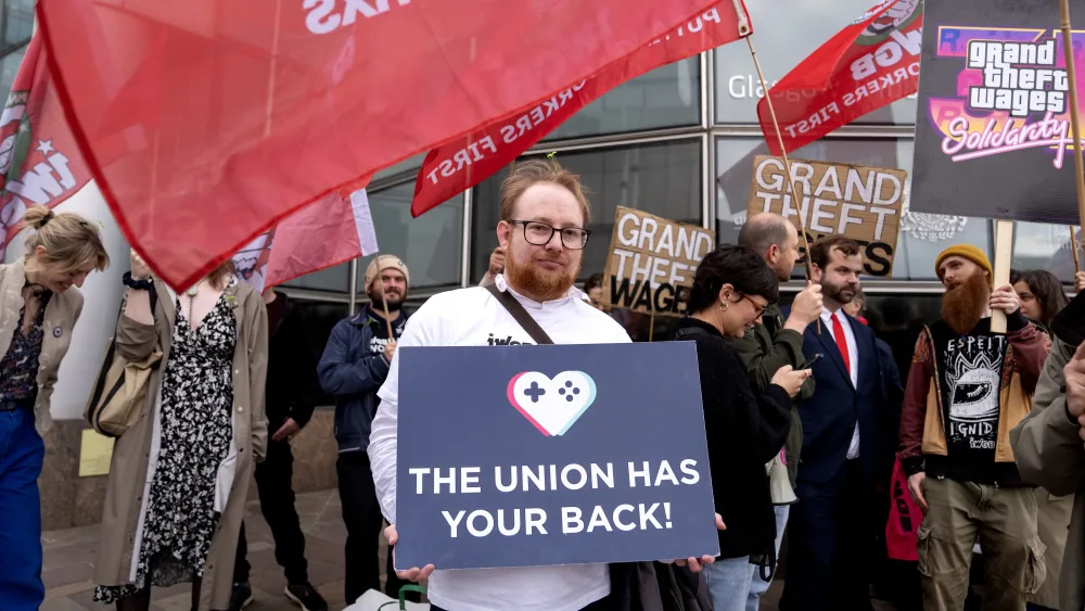 Protesters outside the Rockstar Games employment tribunal