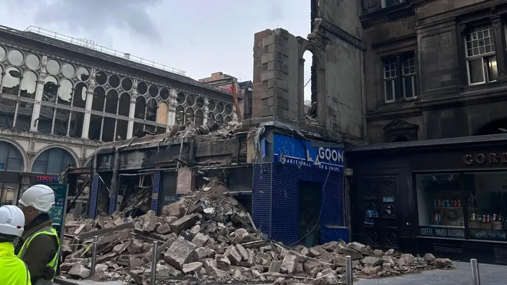 A view of a collapsed building next to Glasgow Central