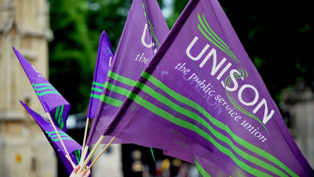 Purple and green Unison flags being waved