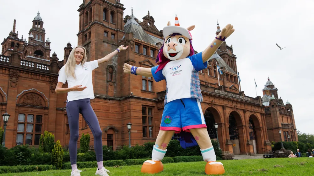 The 2026 mascot, a unicorn named Finnie and Eilish McColgan, previously posed in front of Kelvingrove Art Gallery to promote the Glasgow 2026 Commonwealth Games