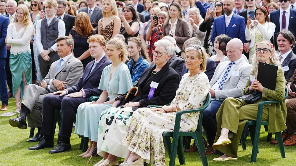 The Duchess of Edinburgh and Lady Louise Mountbatten-Windsor listen to the Duke of Edinburgh's speech at the Palace of Holyroodhouse