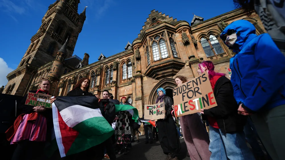 People take part in a pro-Palestine protest at the University of Glasgow on the third anniversary of Hamas’s October 7 attacks
