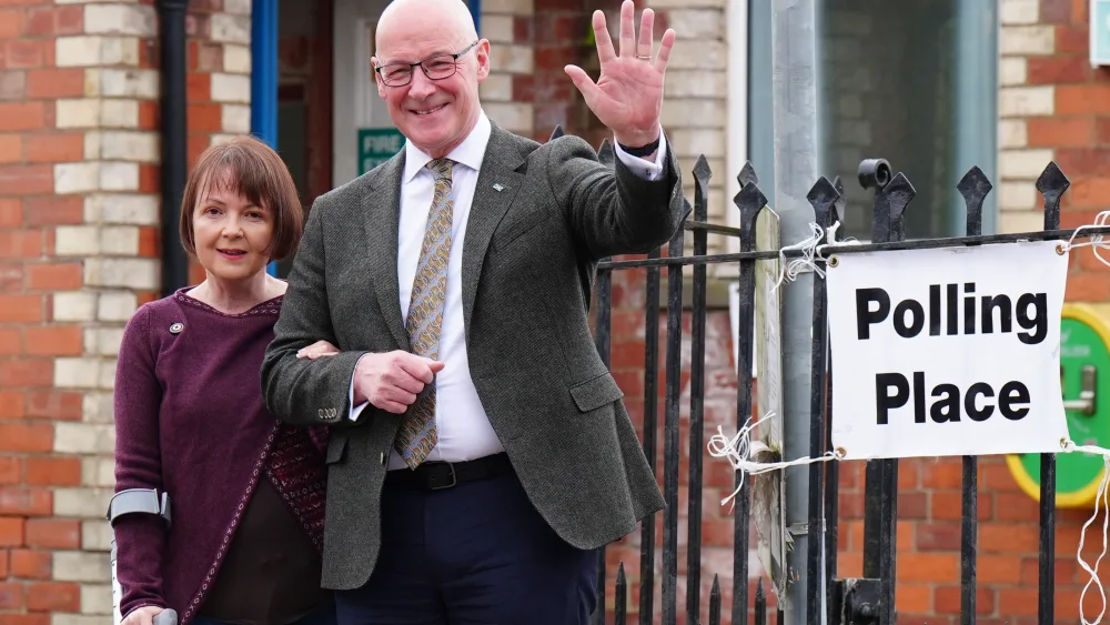 John Swinney and his wife Elizabeth outside the polling station in Blairgowrie, Perthshire. (Jane Barlow/PA)
