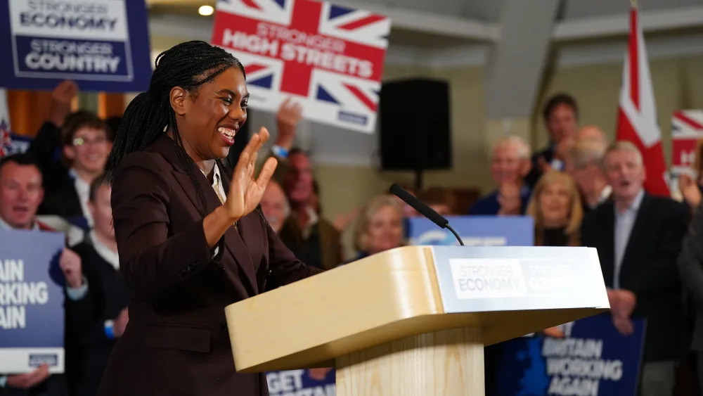 Conservative Party leader Kemi Badenoch during a rally at the National Motorcycle Museum in Solihull while on the campaign trail for the upcoming local elections