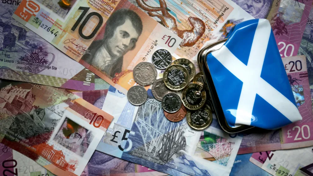Bank notes and coins sit with a saltire design purse