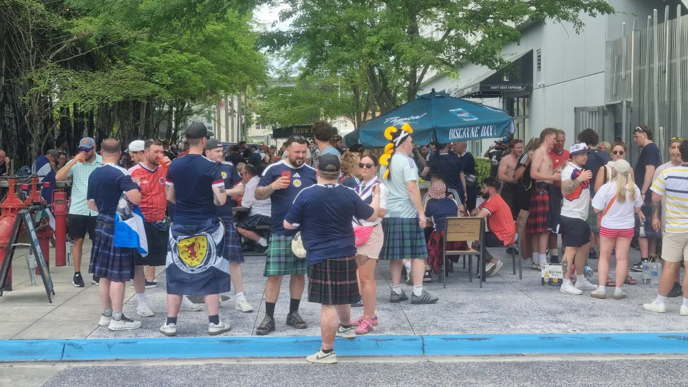 Miami turned blue and white and was speckled with coned statues, saltires, and other Scottish trinkets and crazy outfits. (Ryan McDougall/PA)