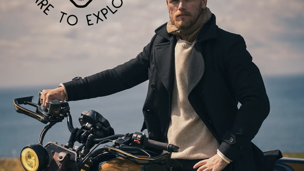 Outlander star Sam Heughan on a motorbike
