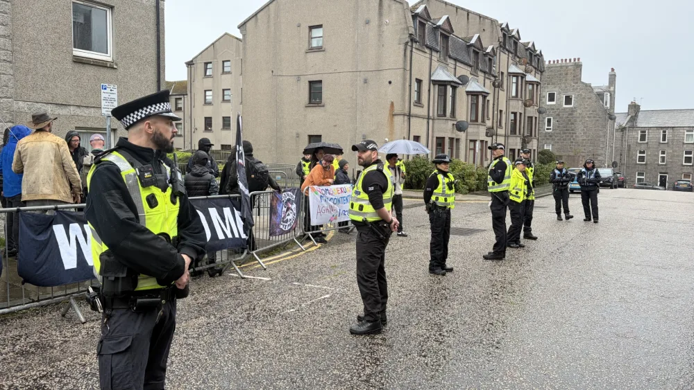 Police officers and protestors