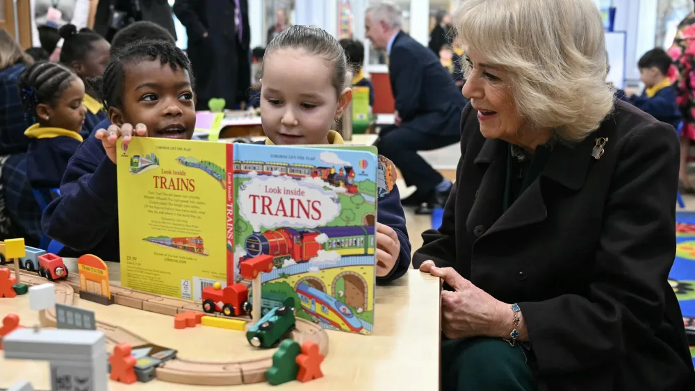 Camilla meeting pupils during a visit to Christ Church Primary School in London in February