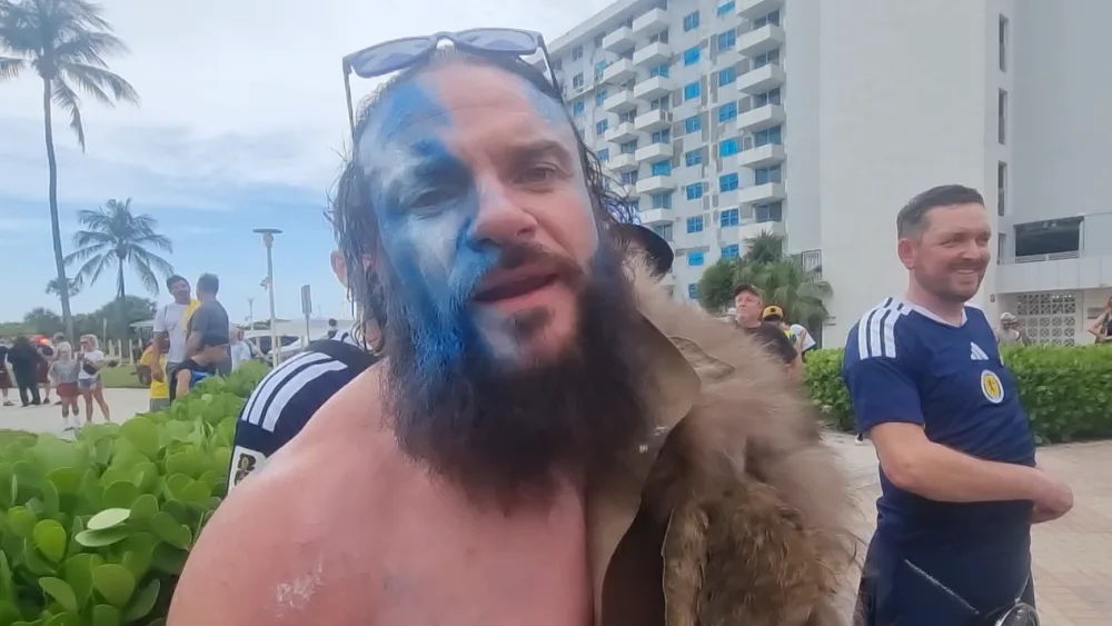 Pro wrestler Luke Scouler, AKA Crixus, joined the Tartan Army’s march through Miami’s Ocean Drive area on Tuesday. (Ryan McDougall/PA)