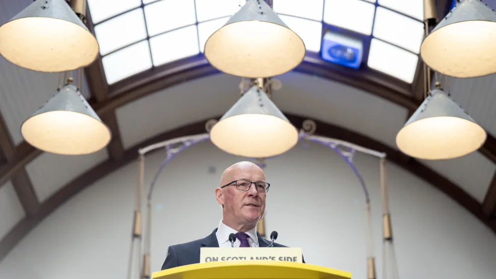 SNP leader John Swinney delivers a speech on the early actions a re-elected SNP Government would take to support people, at the Pearce Institute, Glasgow