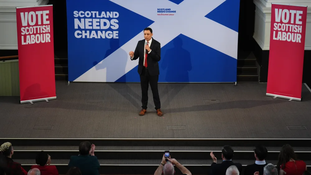 Scottish Labour leader Anas Sarwar speaks during an eve-of-poll rally