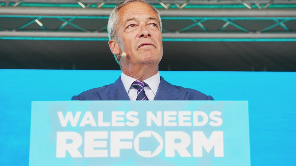 Reform UK leader Nigel Farage speaking during a rally in Merthyr Tydfil, ahead of the Senedd election on May 7