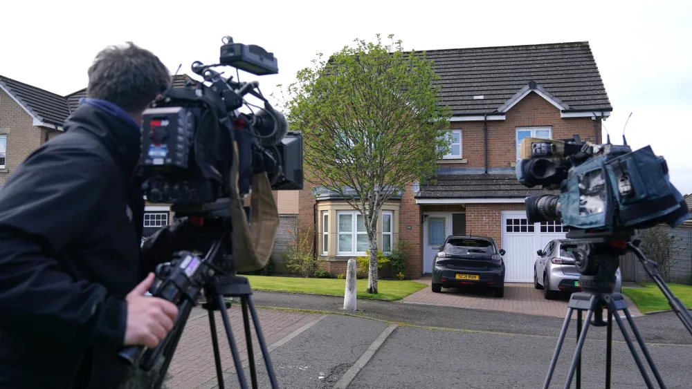 Media outside Murrell's home with estranged wife Nicola Sturgeon in Uddingston, Glasgow in 2024 