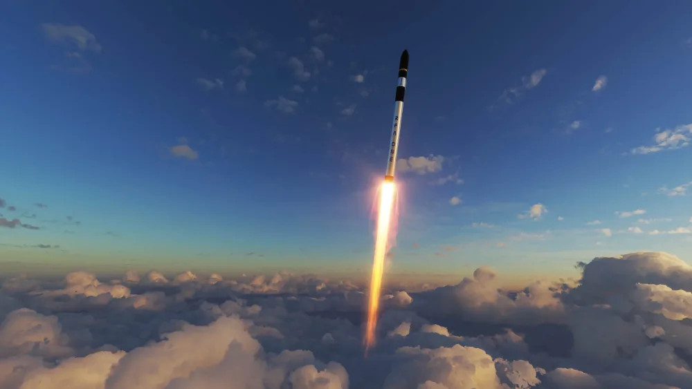 An illustration of an RFA One rocket flying through the sky