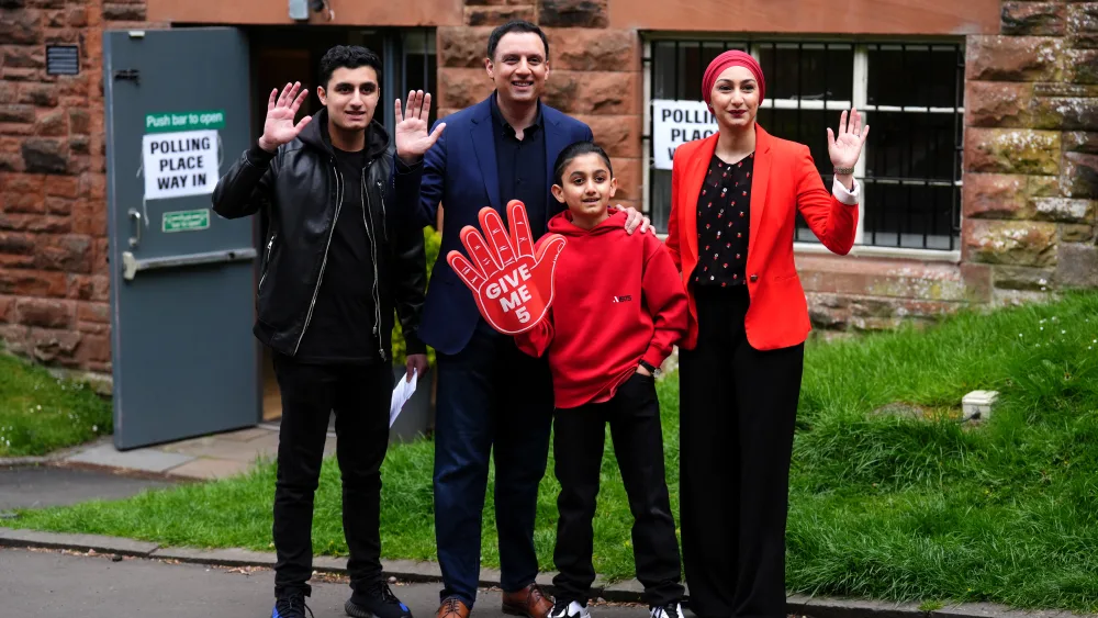 The Scottish Labour leader went to cast his vote with family on Thursday. (Andrew Milligan/PA)
