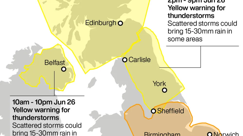 Map of UK showing weather warning areas highlighted in yellow, amber and red