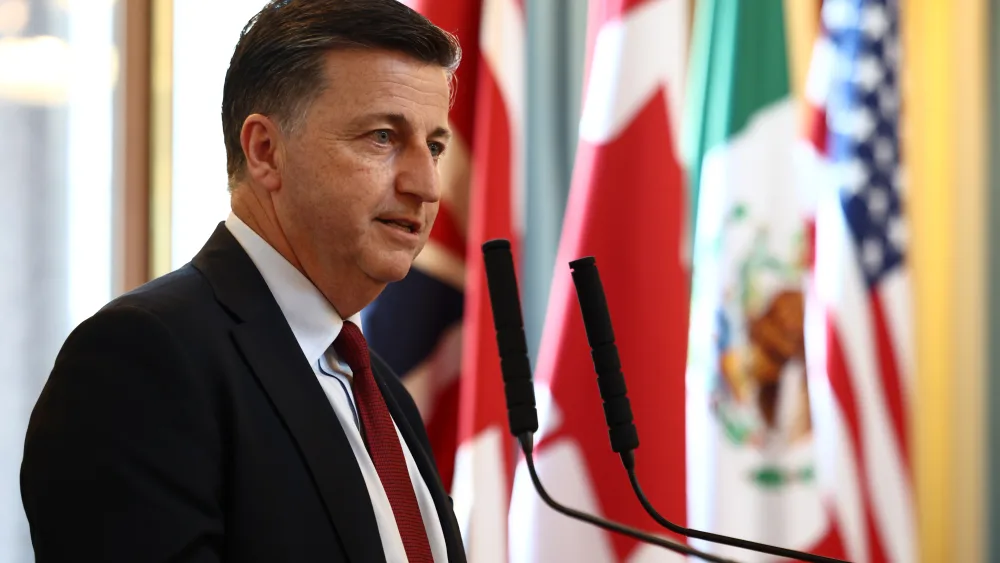 Side view of Douglas Alexander speaking into microphones, with various national flags in the background